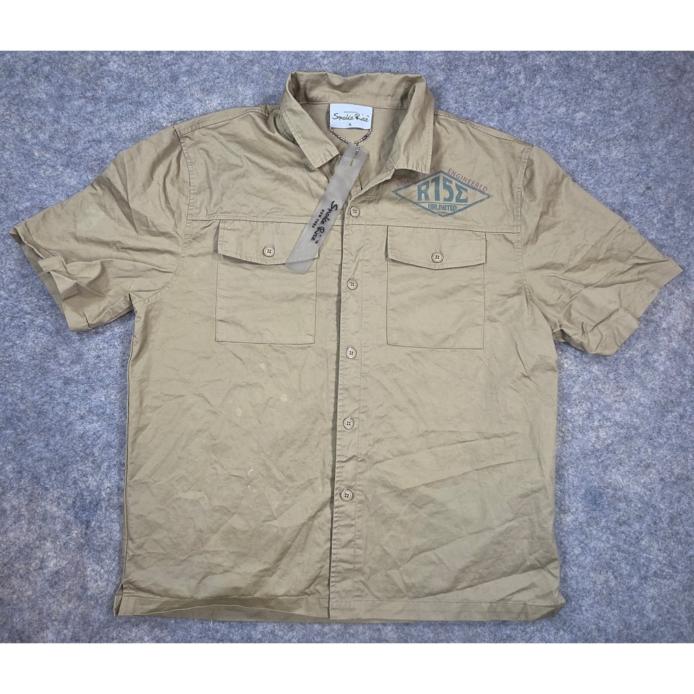 Smoke Rise Mens XL Khaki Tan Graphic Utility Short Sleeve Button Down Shirt NWT